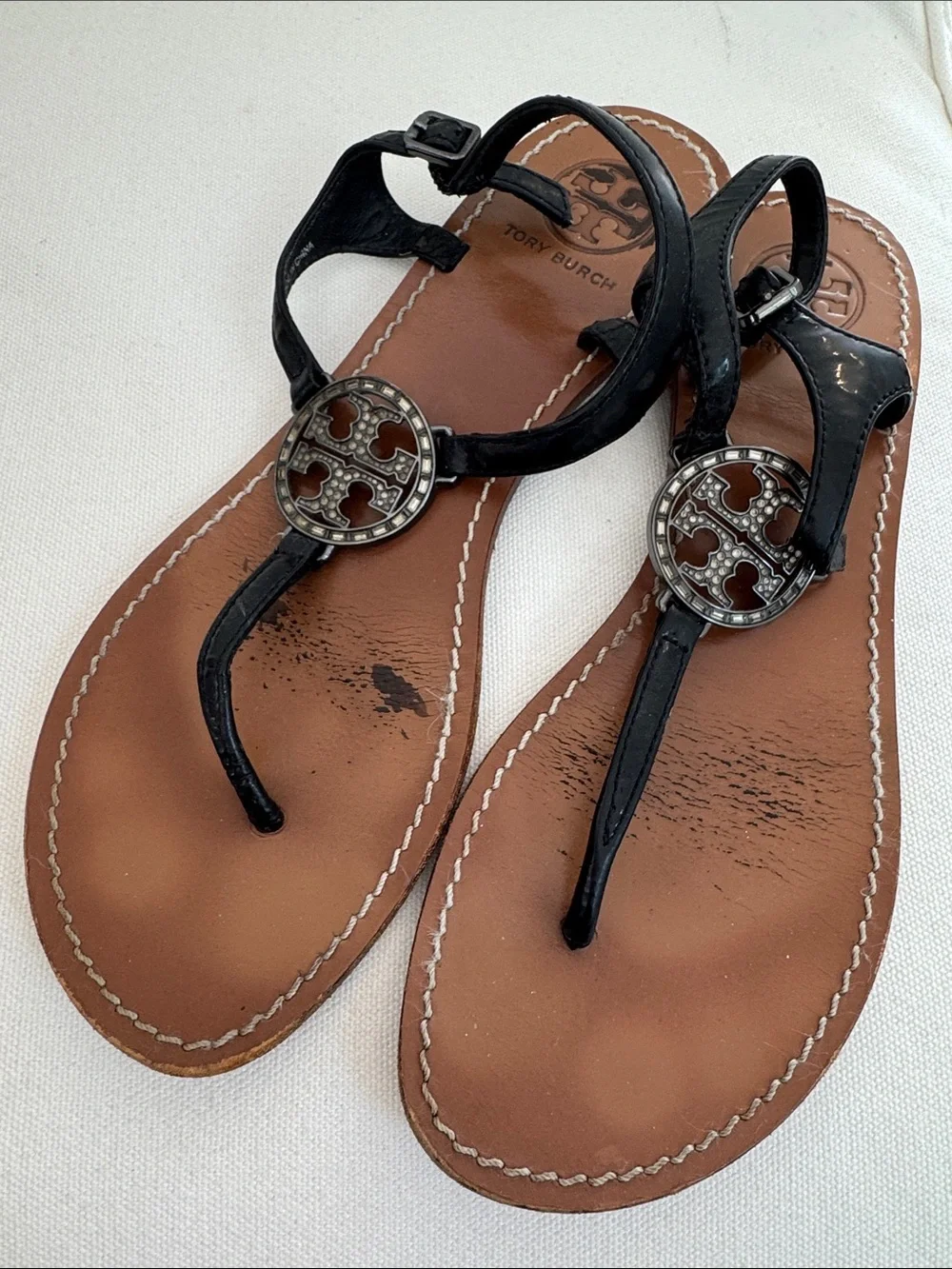 Tory Burch Violet Thong Sandals black leather rhinestone logo medallion detail 8